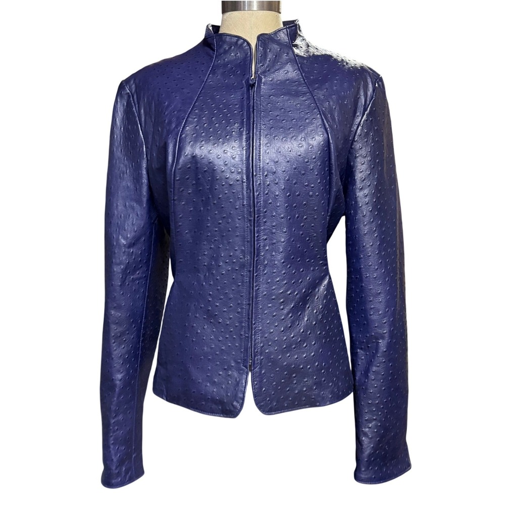 Danier L Ostrich Embossed Leather Jacket Dark Blue Luxury Mobwife Moto Edgy Fall